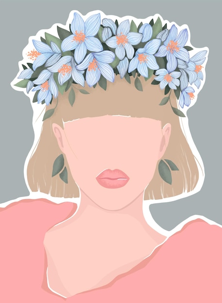 Vector blond woman in a wreath of blue flowers vector modern flat illustration