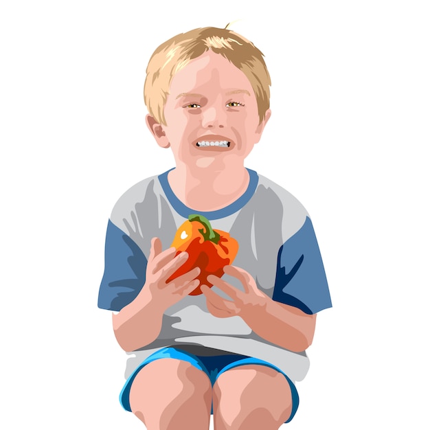 Vector blonde boy in blue shorts and t-shirt, smiling and holding a bell pepper