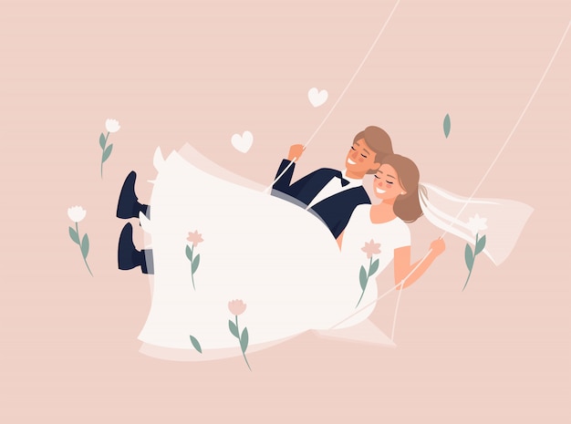 Vector blonde bride and groom swinging on a swing on the pale pink background