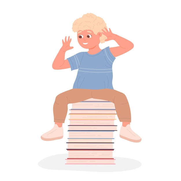 Blonde cute little boy sitting on stack of books