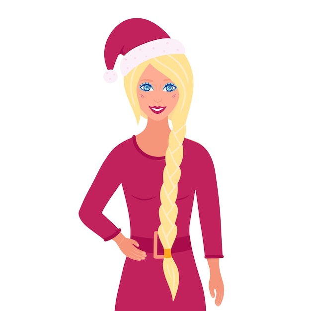 Vector blonde girl in christmas hat hand drawn illustration