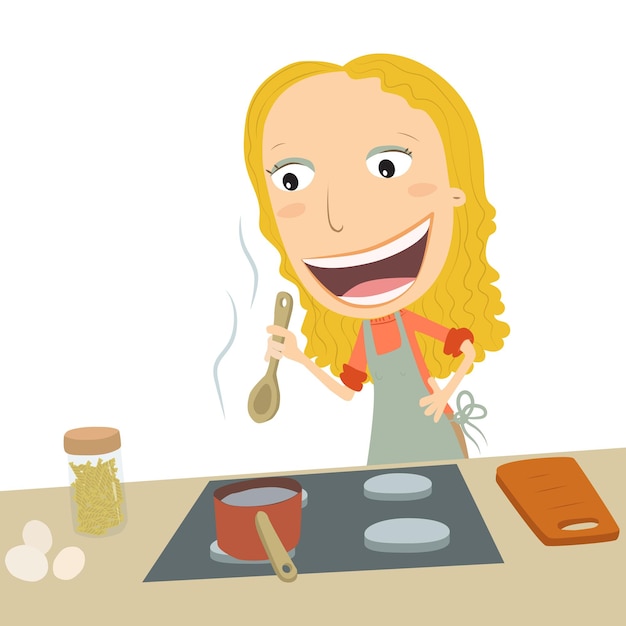 Vector blonde girl cooking on the stove vector illustration