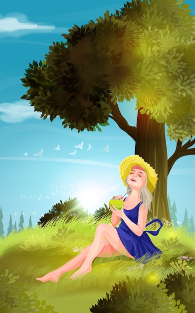 A blonde girl in a hat and a blue dress sits on the grass near\
a tree. illustration background of the realistic summer landscape,\
grass and little flovers.