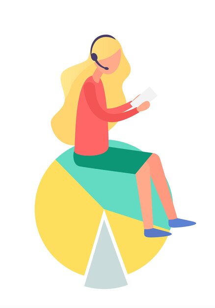 Vector blonde girl in headphones read interesting book person sitting on chart and reading literature