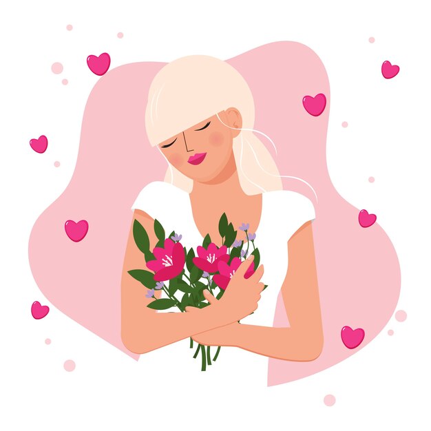 Vector a blonde girl holds flowers in her hands a dreamy girl spring illustration