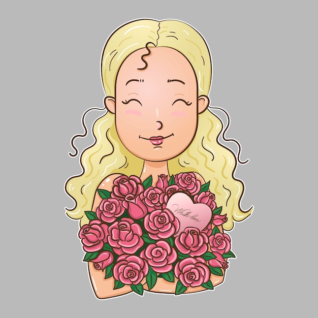 Vector blonde girl hugging a bouquet of roses