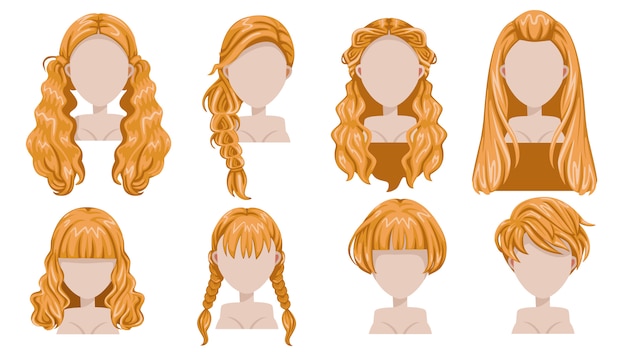 Светлые волосы женщины современной моды для ассортимента. длинные волосы, короткие волосы, вьющиеся волосы, модные прически икона set.