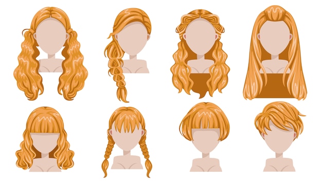 Capelli biondi di moda moderna donna per l'assortimento. capelli lunghi, capelli corti, set di icone di taglio di capelli alla moda capelli ricci.