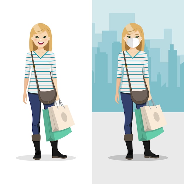 Vector blonde hair woman with two shopping bags with mask and without mask