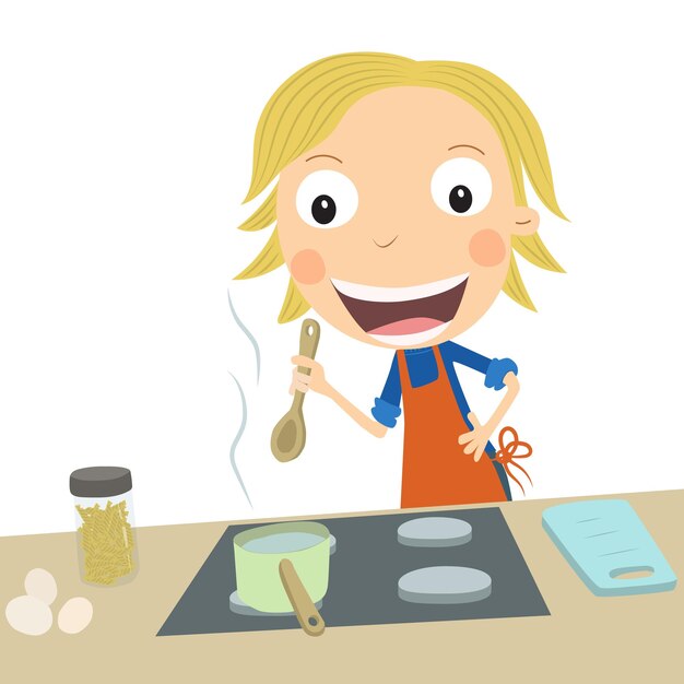 Blonde jongen koken op het fornuis vectorillustratie