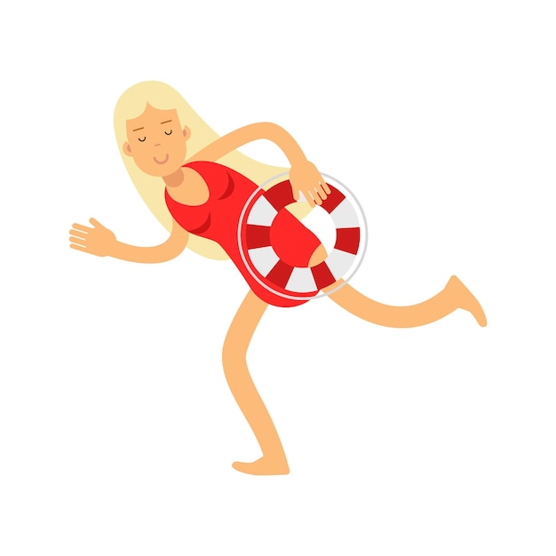 Blonde lifeguard girl character in a red swimsuit running with lifebuoy vector Illustration isolated on a white background