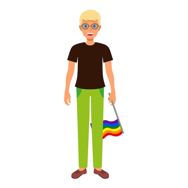 Blonde man met regenboogvlag die deelneemt aan de parade van de trots.