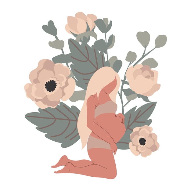 Blonde pregnant girl wearing underwear in front of anemone flowers