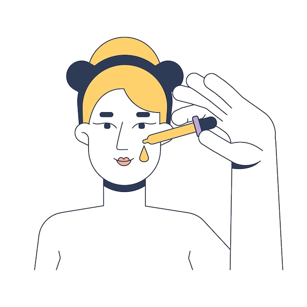 Blonde vrouw die gezichtsserum aanbrengt met een druppel 2D-vectorillustratie