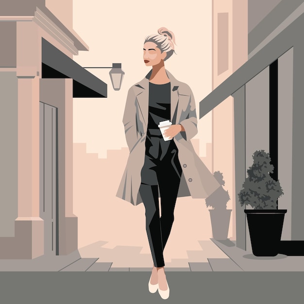 Vector blonde vrouw in een stijlvolle jas loopt door de stad met een glas koffie in haar hand