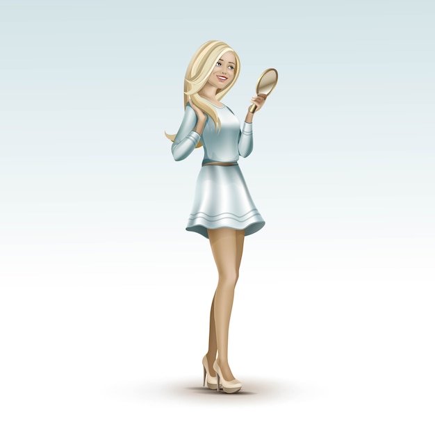 Vector blonde woman girl in fashion dress with mirror