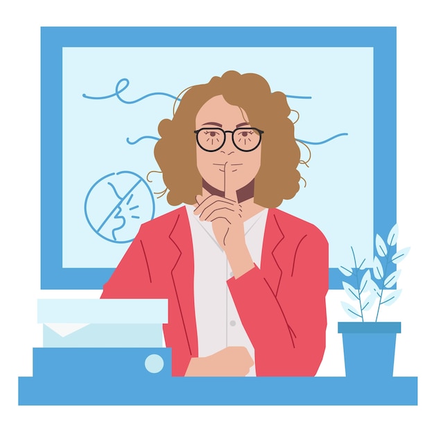 Vector blonde woman giving be quiet sign in flat illustration