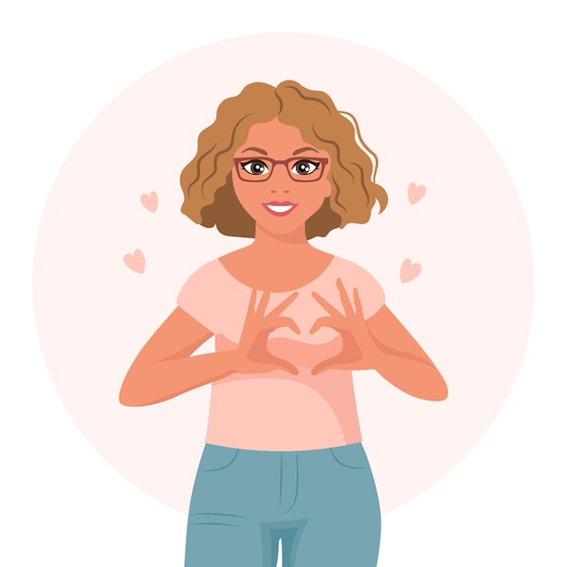 Vector a blonde woman in glasses with a joyful expression shows a heart with her hands emotions