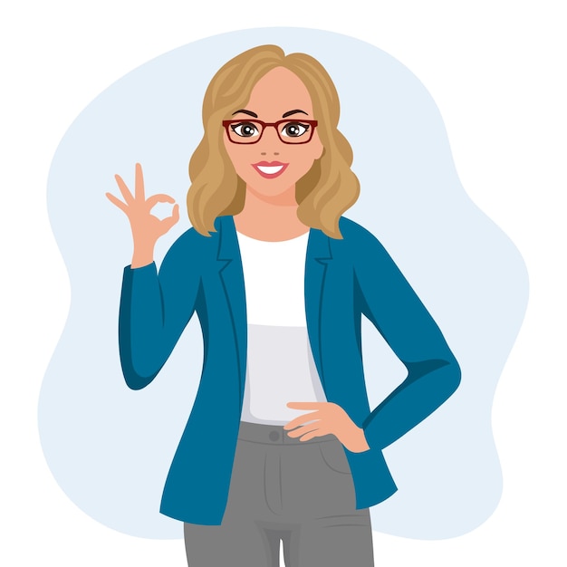 Blonde woman in glasses with joyful expression with ok gesture. Emotions and gestures. Flat style