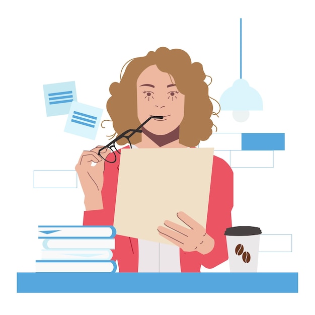 Vector blonde woman looking at paper at work in flat illustration