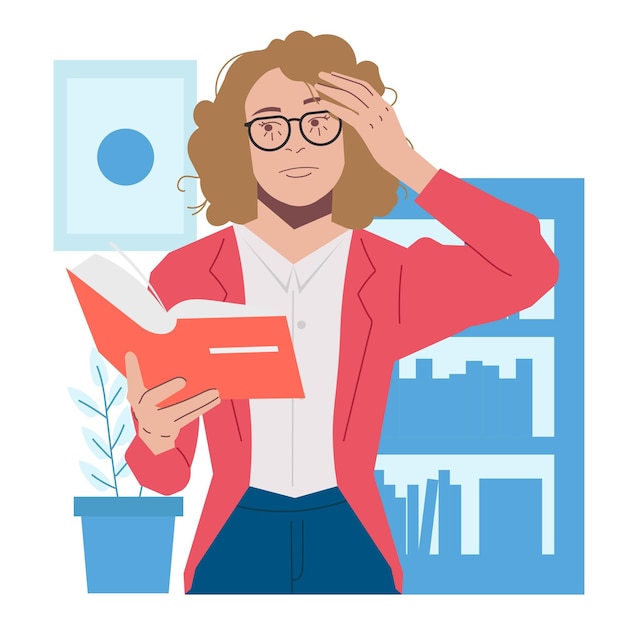 Blonde woman reading book confused in flat illustration