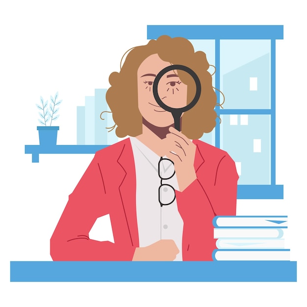 Vector blonde woman use magnifying glass in flat illustration