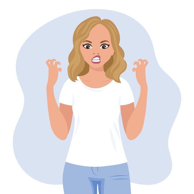 Vector a blonde woman with an angry expression gesticulates with her hands. human emotions. flat style