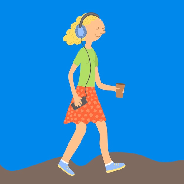 Blonde yellow hair flat girl walking. young lady listening to music. woman going. school holidays