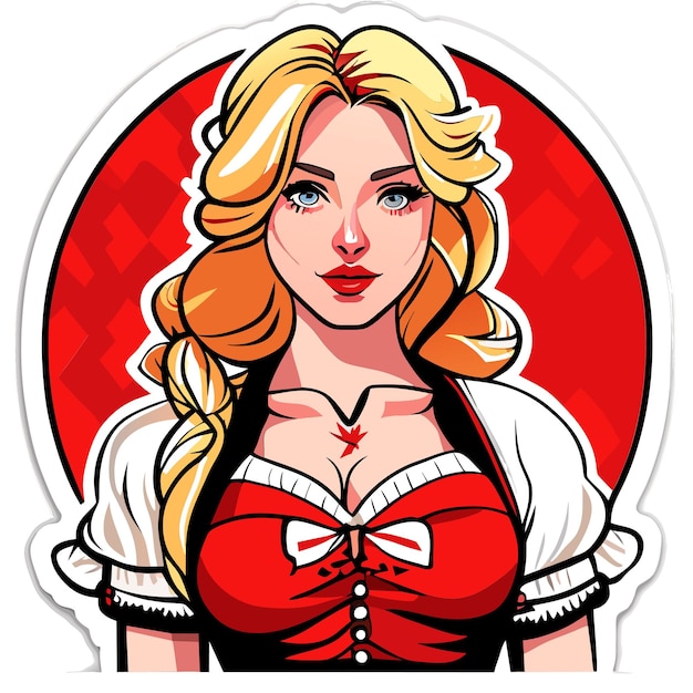 바이에른 복장 손으로 그린 만화 스티커 격리된 그림을 입은 Blondehaired 빨간색 분홍색 여자