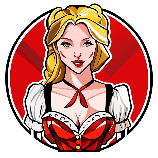 Blondehaired red pink woman in bavarian outfit hand drawn cartoon sticker isolated illustration