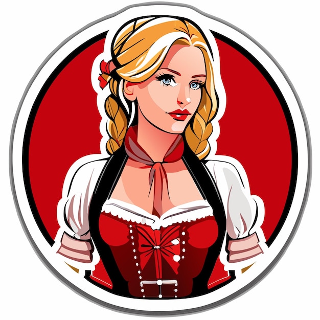 Blondehaired red pink woman in bavarian outfit hand drawn cartoon sticker isolated illustration