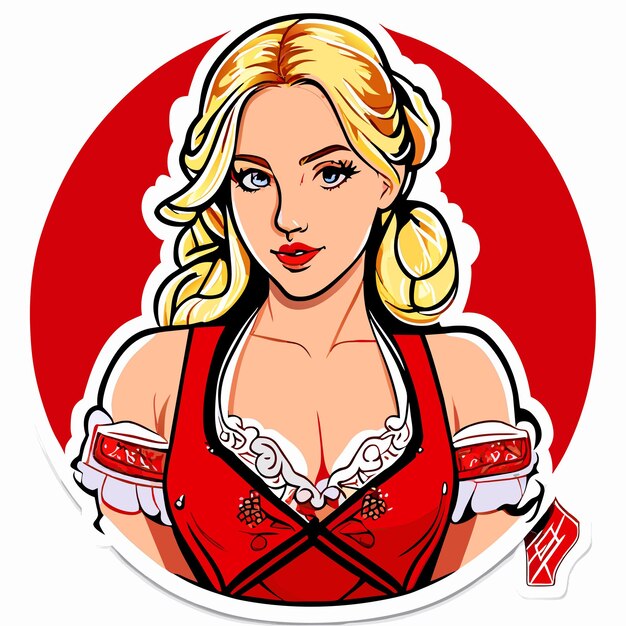 Blondehaired red pink woman in bavarian outfit hand drawn cartoon sticker isolated illustration