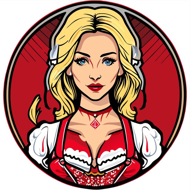 Blondehaired red pink woman in bavarian outfit hand drawn cartoon sticker isolated illustration