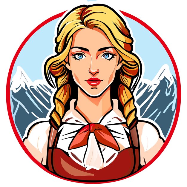 Vector blondehaired red pink woman in bavarian outfit hand drawn cartoon sticker isolated illustration