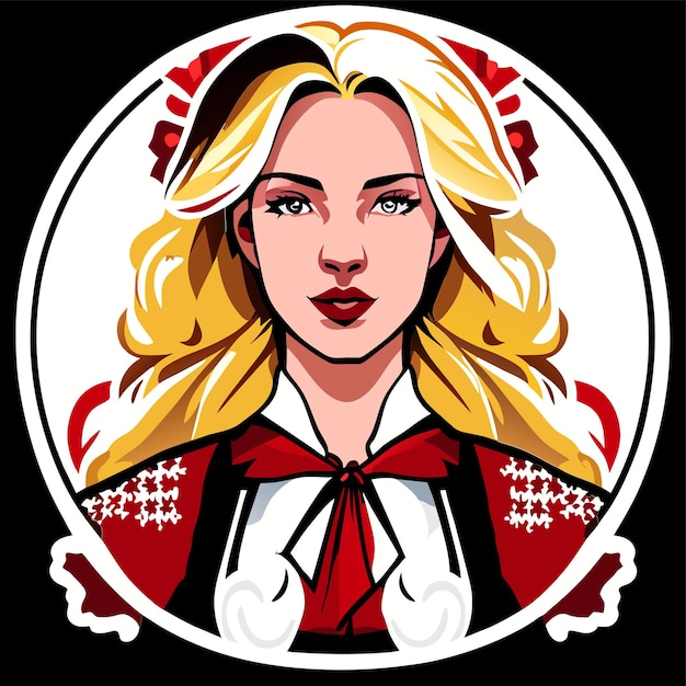 Blondehaired red pink woman in bavarian outfit hand drawn cartoon sticker isolated illustration