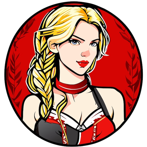 Blondehaired red pink woman in bavarian outfit hand drawn cartoon sticker isolated illustration