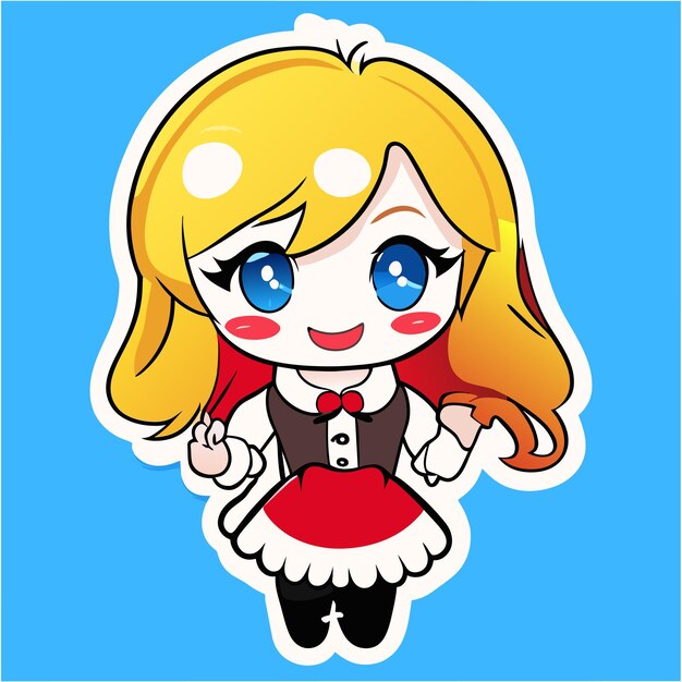 Blondehaired red pink woman in bavarian outfit hand drawn cartoon sticker isolated illustration