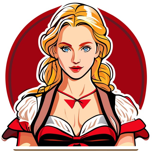 Blondehaired red pink woman in bavarian outfit hand drawn cartoon sticker isolated illustration