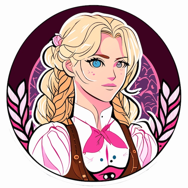 Blondehaired red pink woman in bavarian outfit hand drawn cartoon sticker isolated illustration