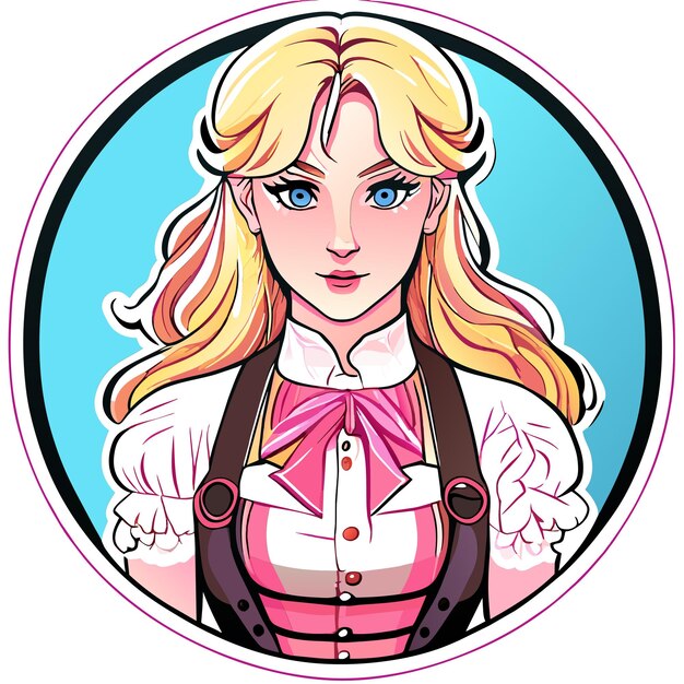 Vector blondehaired red pink woman in bavarian outfit hand drawn cartoon sticker isolated illustration