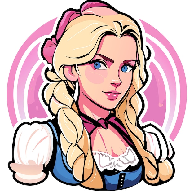 Blondehaired red pink woman in bavarian outfit hand drawn cartoon sticker isolated illustration