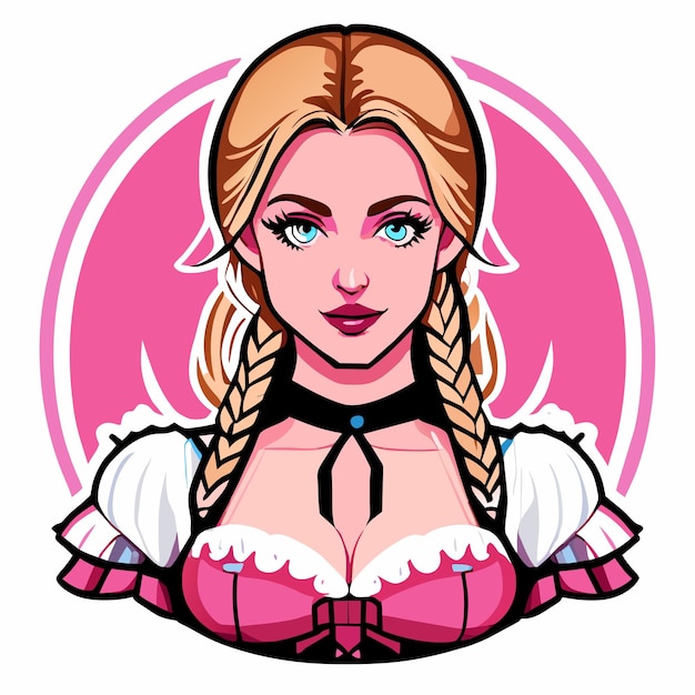 Blondehaired red pink woman in bavarian outfit hand drawn cartoon sticker isolated illustration