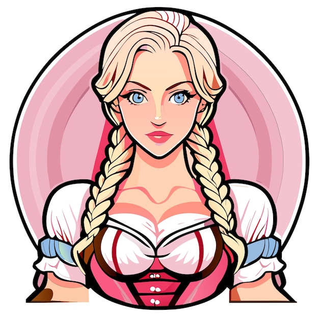 바이에른 복장 손으로 그린 만화 스티커 격리된 그림을 입은 Blondehaired 빨간색 분홍색 여자