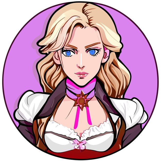 Blondehaired red pink woman in bavarian outfit hand drawn cartoon sticker isolated illustration