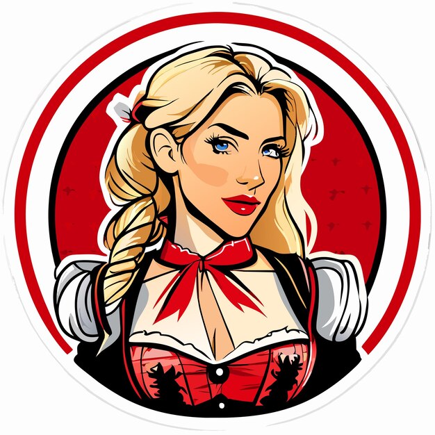 Vector blondharige rood roze vrouw in beierse outfit hand getekende cartoon sticker geïsoleerde illustratie