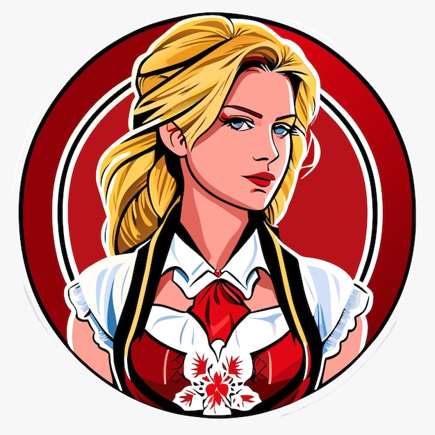 Vector blondharige rood roze vrouw in beierse outfit hand getekende cartoon sticker geïsoleerde illustratie