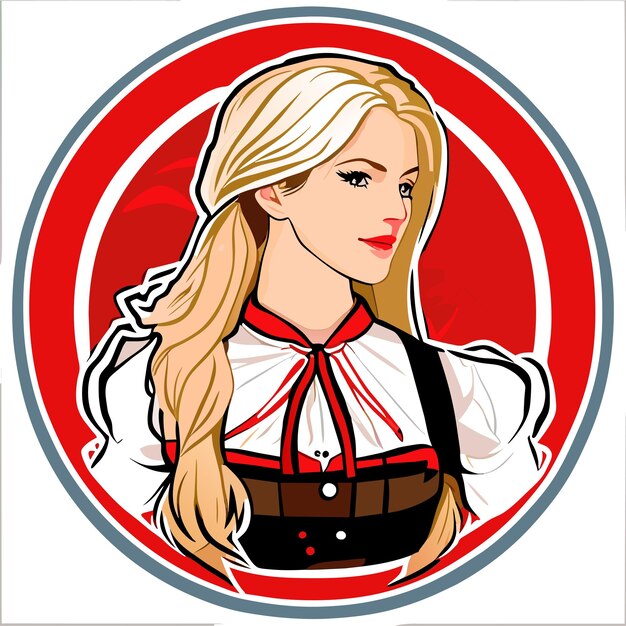 Vector blondharige rood roze vrouw in beierse outfit hand getekende cartoon sticker geïsoleerde illustratie