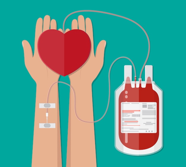 Vettore sacca di sangue e mano del donatore con cuore. donazione