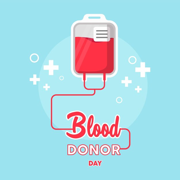 Мешок крови на синем фоне всемирный день донора крови 14 июня цветная плоская графическая векторная иллюстрация