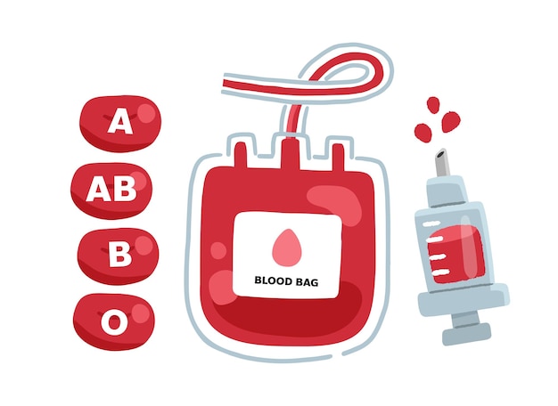 Vector blood bag syringe and blood group with cartoon style